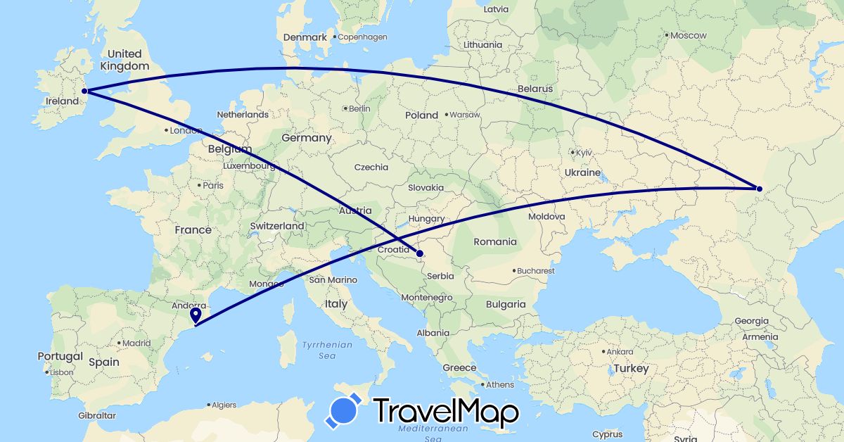 TravelMap itinerary: driving in Spain, Croatia, Ireland, Russia (Europe)